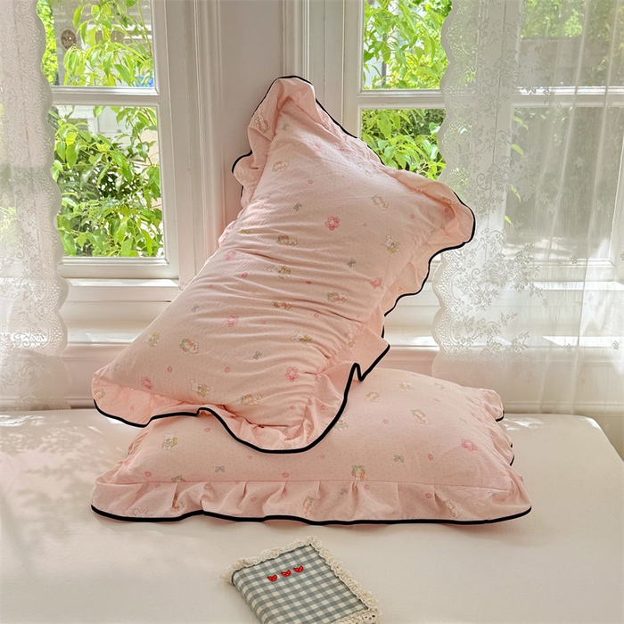 91家纺网 家纺一手货源 找家纺 梦舒羽 2025新款云感双层纱花边枕套宿舍学生48x74一对枕芯内胆套 花田小兔