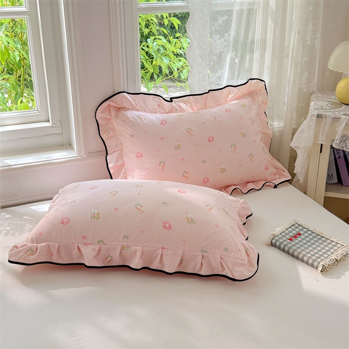 91家纺网 家纺一手货源 找家纺 梦舒羽 2025新款云感双层纱花边枕套宿舍学生48x74一对枕芯内胆套 花田小兔