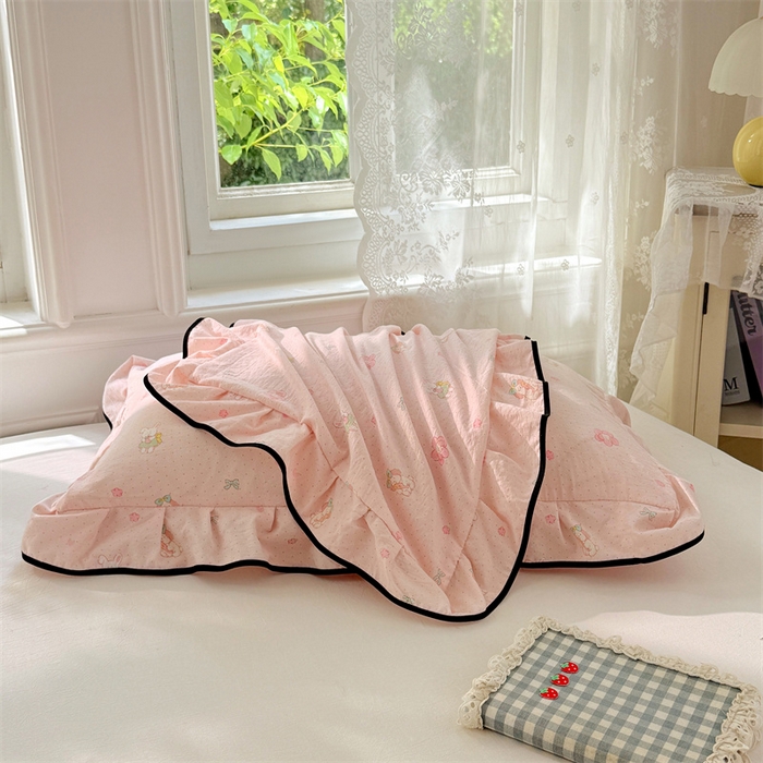 91家纺网 家纺一手货源 找家纺 梦舒羽 2025新款云感双层纱花边枕套宿舍学生48x74一对枕芯内胆套 花田小兔