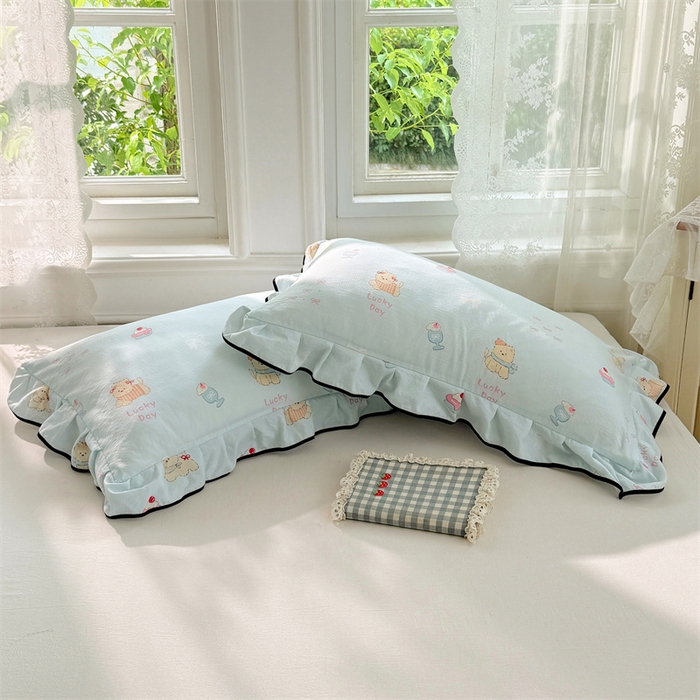 91家纺网 家纺一手货源 找家纺 梦舒羽 2025新款云感双层纱花边枕套宿舍学生48x74一对枕芯内胆套 甜心小狗