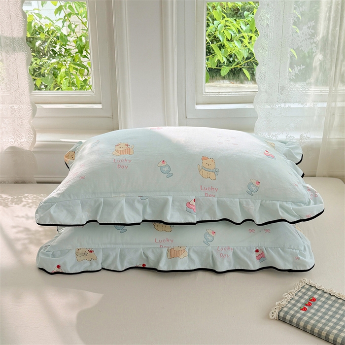 91家纺网 家纺一手货源 找家纺 梦舒羽 2025新款云感双层纱花边枕套宿舍学生48x74一对枕芯内胆套 甜心小狗