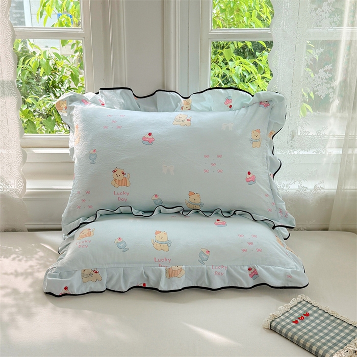 91家纺网 家纺一手货源 找家纺 梦舒羽 2025新款云感双层纱花边枕套宿舍学生48x74一对枕芯内胆套 甜心小狗