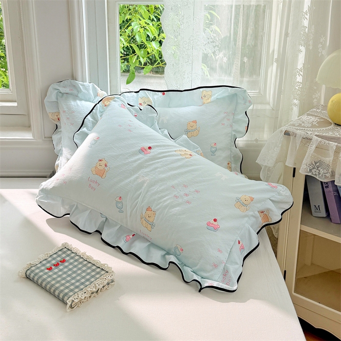 91家纺网 家纺一手货源 找家纺 梦舒羽 2025新款云感双层纱花边枕套宿舍学生48x74一对枕芯内胆套 甜心小狗