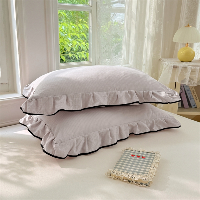 91家纺网 家纺一手货源 找家纺 梦舒羽 2025新款云感双层纱花边枕套宿舍学生48x74一对枕芯内胆套 梦境灰