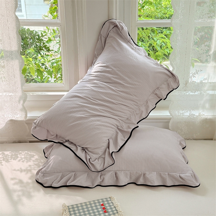 91家纺网 家纺一手货源 找家纺 梦舒羽 2025新款云感双层纱花边枕套宿舍学生48x74一对枕芯内胆套 梦境灰