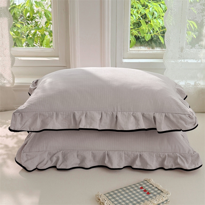 91家纺网 家纺一手货源 找家纺 梦舒羽 2025新款云感双层纱花边枕套宿舍学生48x74一对枕芯内胆套 梦境灰