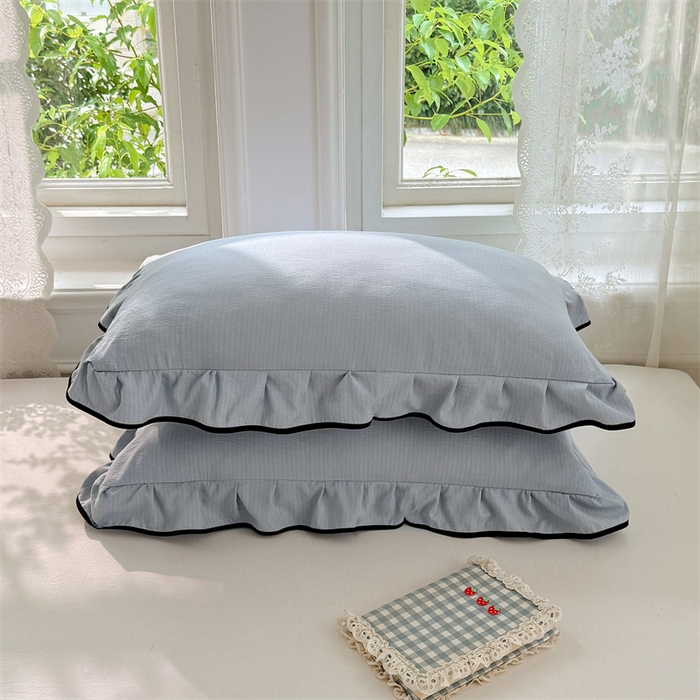 91家纺网 家纺一手货源 找家纺 梦舒羽 2025新款云感双层纱花边枕套宿舍学生48x74一对枕芯内胆套 夏日蓝