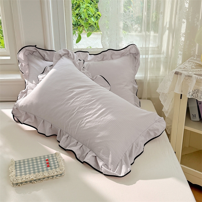 91家纺网 家纺一手货源 找家纺 梦舒羽 2025新款云感双层纱花边枕套宿舍学生48x74一对枕芯内胆套 梦境灰