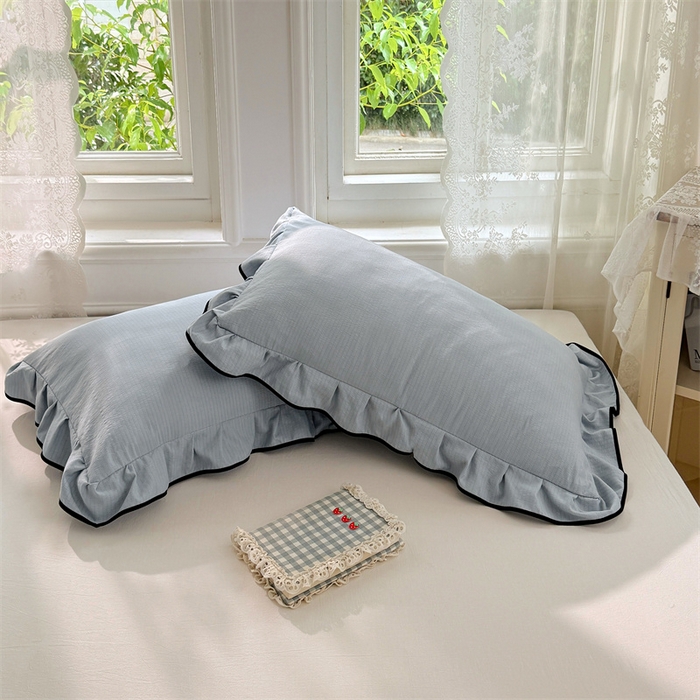 91家纺网 家纺一手货源 找家纺 梦舒羽 2025新款云感双层纱花边枕套宿舍学生48x74一对枕芯内胆套 夏日蓝