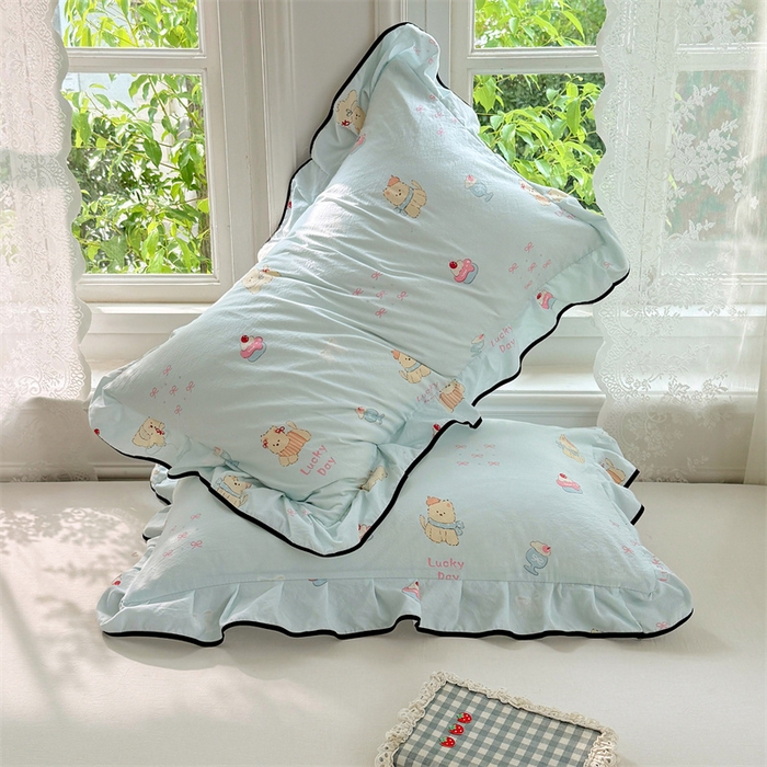 91家纺网 家纺一手货源 找家纺 梦舒羽 2025新款云感双层纱花边枕套宿舍学生48x74一对枕芯内胆套 甜心小狗