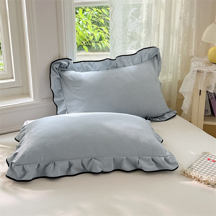 91家纺网 家纺一手货源 找家纺 梦舒羽 2025新款云感双层纱花边枕套宿舍学生48x74一对枕芯内胆套 夏日蓝