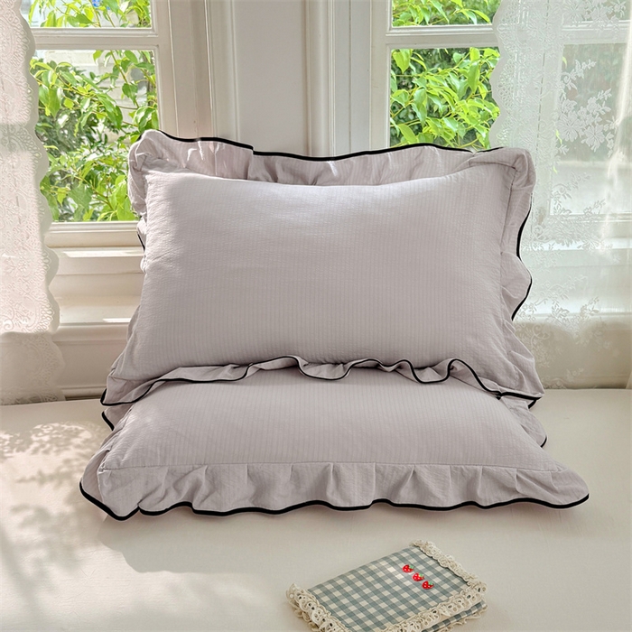 91家纺网 家纺一手货源 找家纺 梦舒羽 2025新款云感双层纱花边枕套宿舍学生48x74一对枕芯内胆套 梦境灰