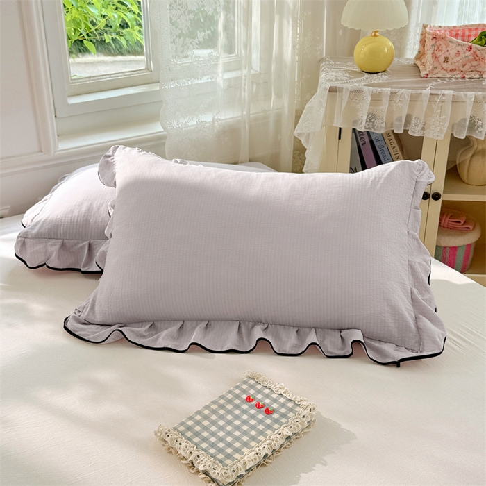 91家纺网 家纺一手货源 找家纺 梦舒羽 2025新款云感双层纱花边枕套宿舍学生48x74一对枕芯内胆套 梦境灰