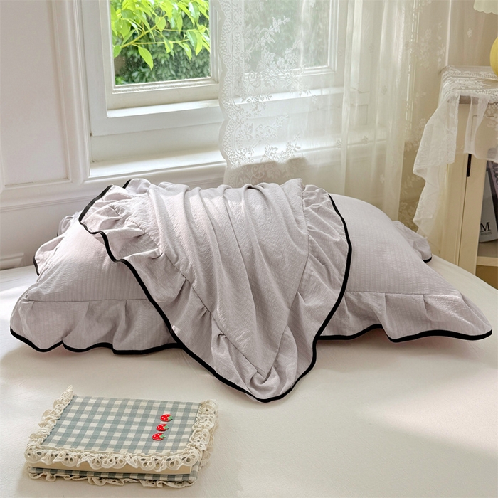 91家纺网 家纺一手货源 找家纺 梦舒羽 2025新款云感双层纱花边枕套宿舍学生48x74一对枕芯内胆套 梦境灰