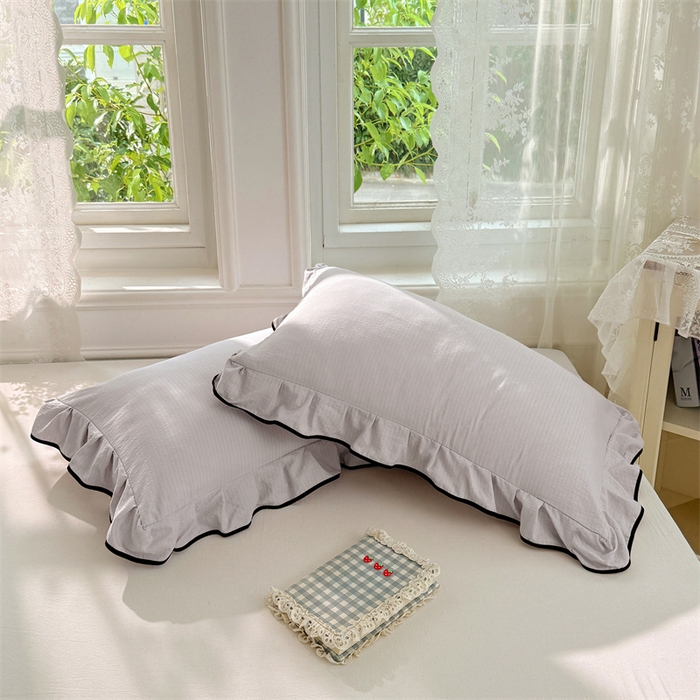 91家纺网 家纺一手货源 找家纺 梦舒羽 2025新款云感双层纱花边枕套宿舍学生48x74一对枕芯内胆套 梦境灰