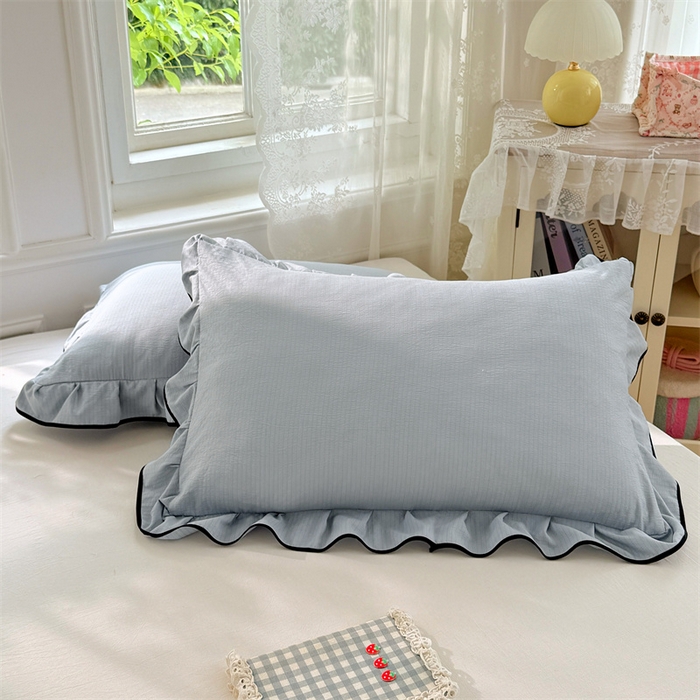 91家纺网 家纺一手货源 找家纺 梦舒羽 2025新款云感双层纱花边枕套宿舍学生48x74一对枕芯内胆套 夏日蓝