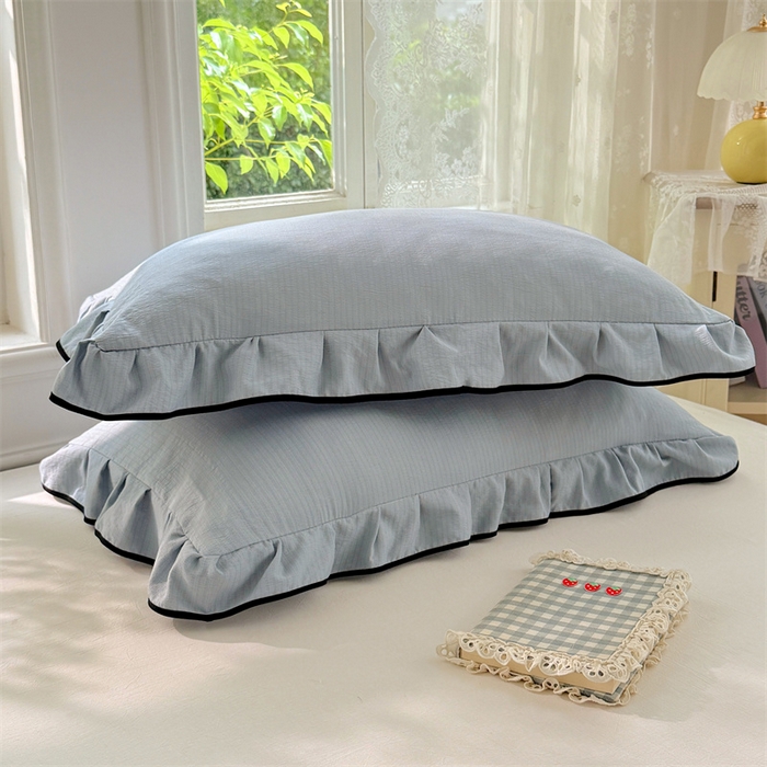 91家纺网 家纺一手货源 找家纺 梦舒羽 2025新款云感双层纱花边枕套宿舍学生48x74一对枕芯内胆套 夏日蓝