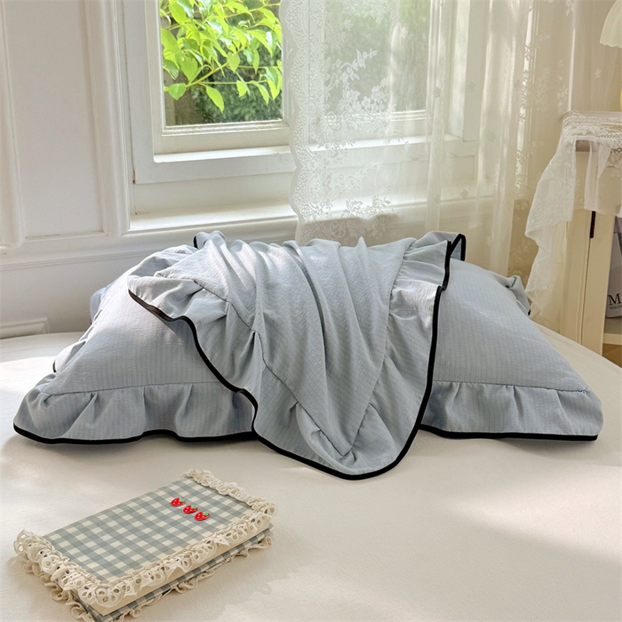 91家纺网 家纺一手货源 找家纺 梦舒羽 2025新款云感双层纱花边枕套宿舍学生48x74一对枕芯内胆套 夏日蓝