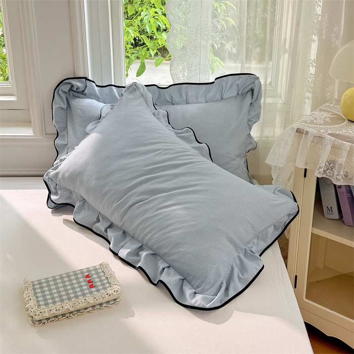 91家纺网 家纺一手货源 找家纺 梦舒羽 2025新款云感双层纱花边枕套宿舍学生48x74一对枕芯内胆套 夏日蓝