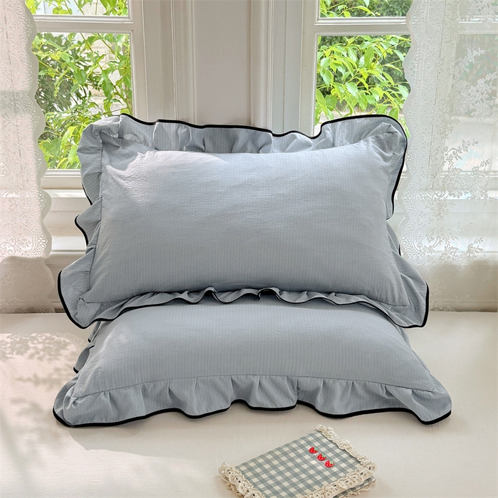 91家纺网 家纺一手货源 找家纺 梦舒羽 2025新款云感双层纱花边枕套宿舍学生48x74一对枕芯内胆套 夏日蓝