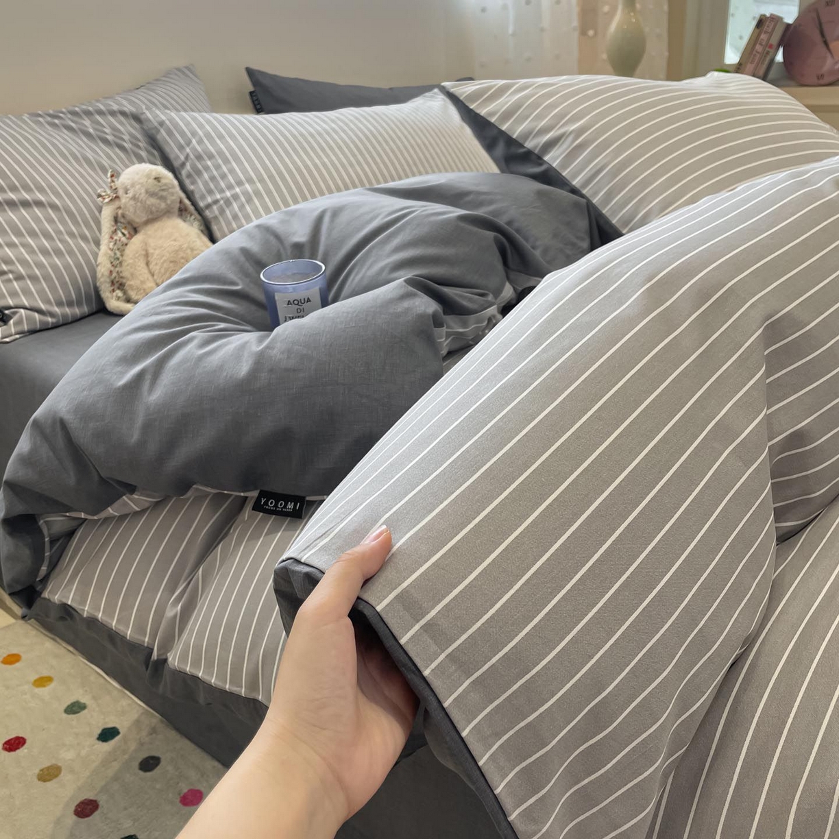 91家纺网 家纺一手货源 找家纺 涵宸家纺 2025新款全棉简约款四件套 英伦-浅灰