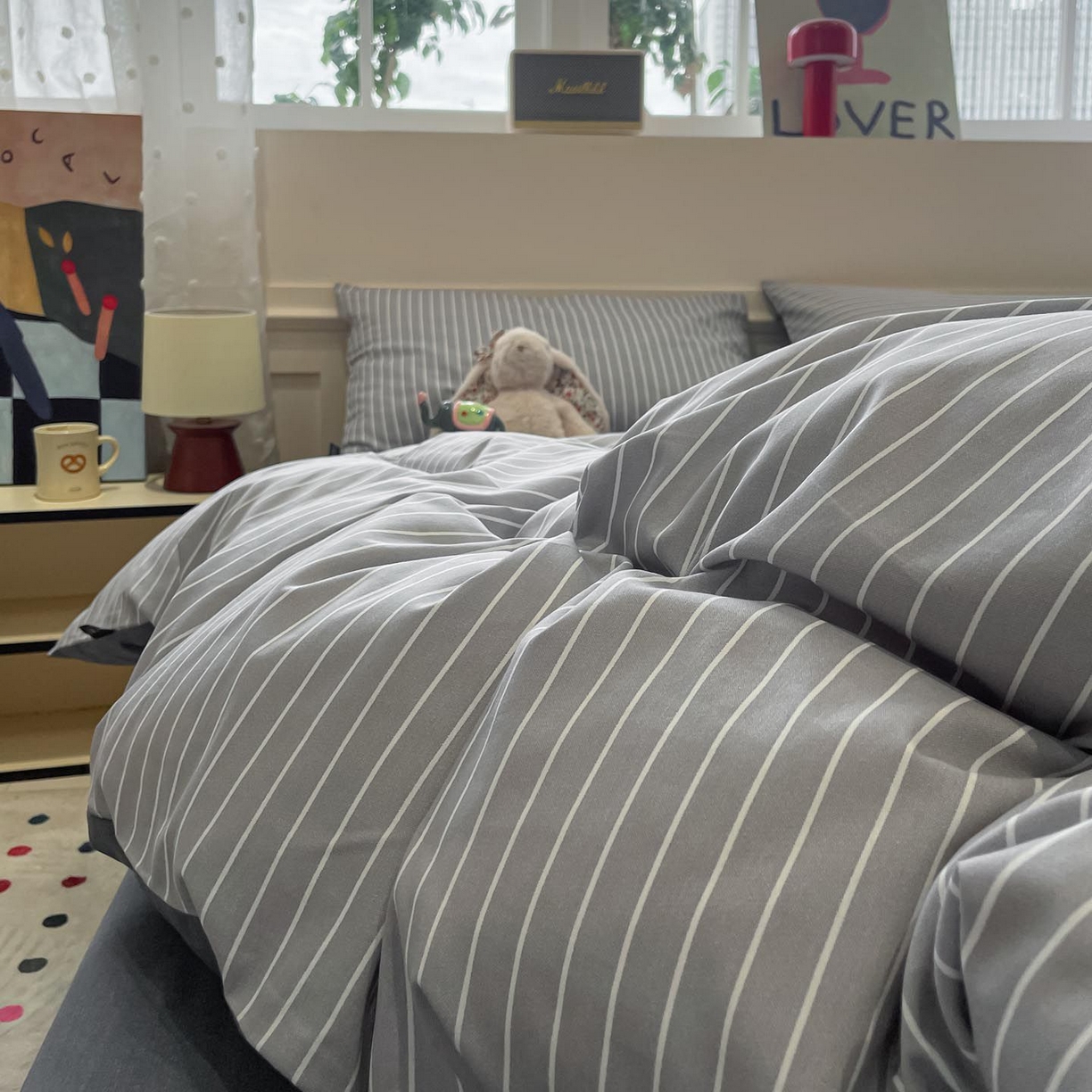 91家纺网 家纺一手货源 找家纺 涵宸家纺 2025新款全棉简约款四件套 英伦-浅灰