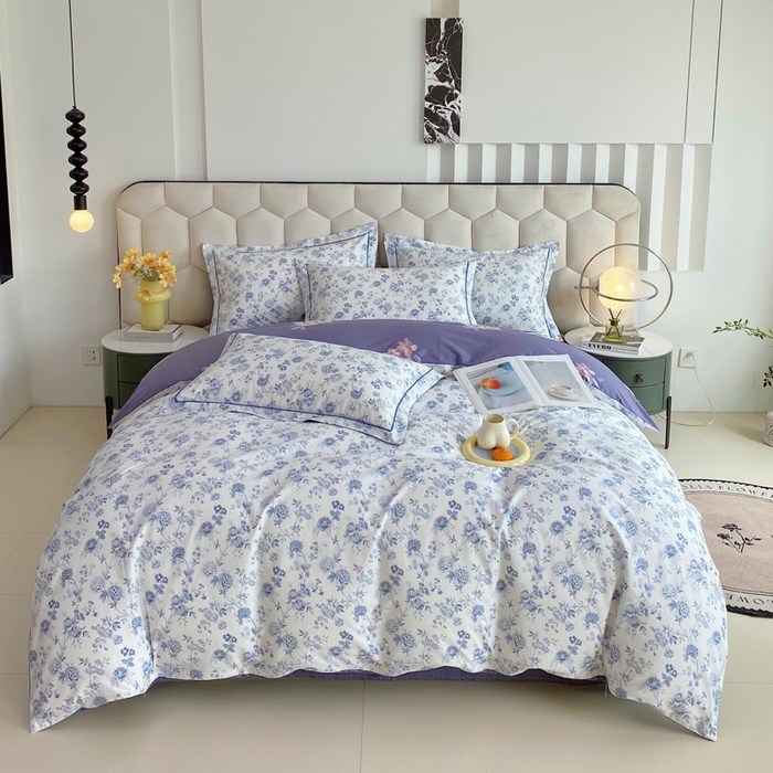 91家纺网 家纺一手货源 找家纺 星期三家纺 2025年8月新款铂金全棉纯棉13372四件套 蓝茵花