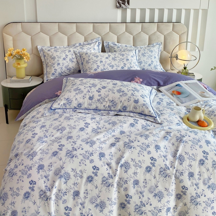 91家纺网 家纺一手货源 找家纺 星期三家纺 2025年8月新款铂金全棉纯棉13372四件套 蓝茵花