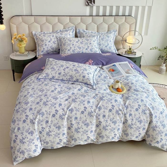 91家纺网 家纺一手货源 找家纺 星期三家纺 2025年8月新款铂金全棉纯棉13372四件套 蓝茵花