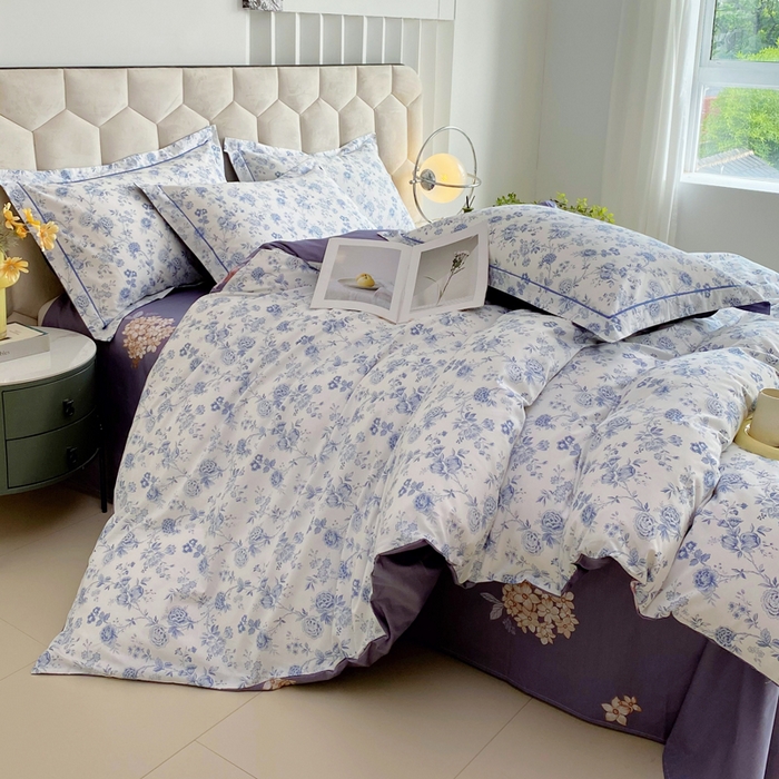 91家纺网 家纺一手货源 找家纺 星期三家纺 2025年8月新款铂金全棉纯棉13372四件套 蓝茵花