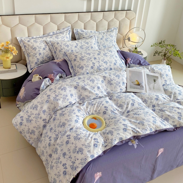 91家纺网 家纺一手货源 找家纺 星期三家纺 2025年8月新款铂金全棉纯棉13372四件套 蓝茵花