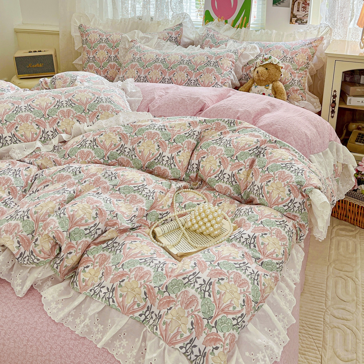 91家纺网 家纺一手货源 找家纺 赛丽雅 2025新款花边韩版水洗珍珠棉四件套 美琳-红