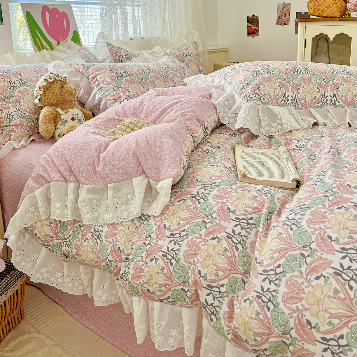 91家纺网 家纺一手货源 找家纺 赛丽雅 2025新款花边韩版水洗珍珠棉四件套 美琳-红