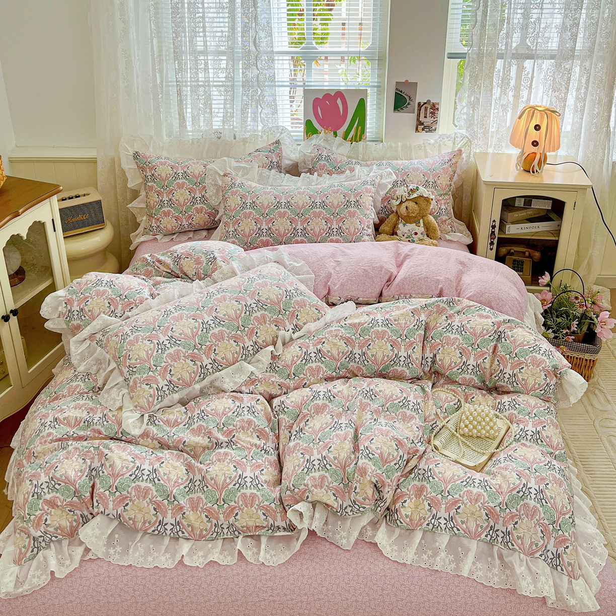 91家纺网 家纺一手货源 找家纺 赛丽雅 2025新款花边韩版水洗珍珠棉四件套 美琳-红