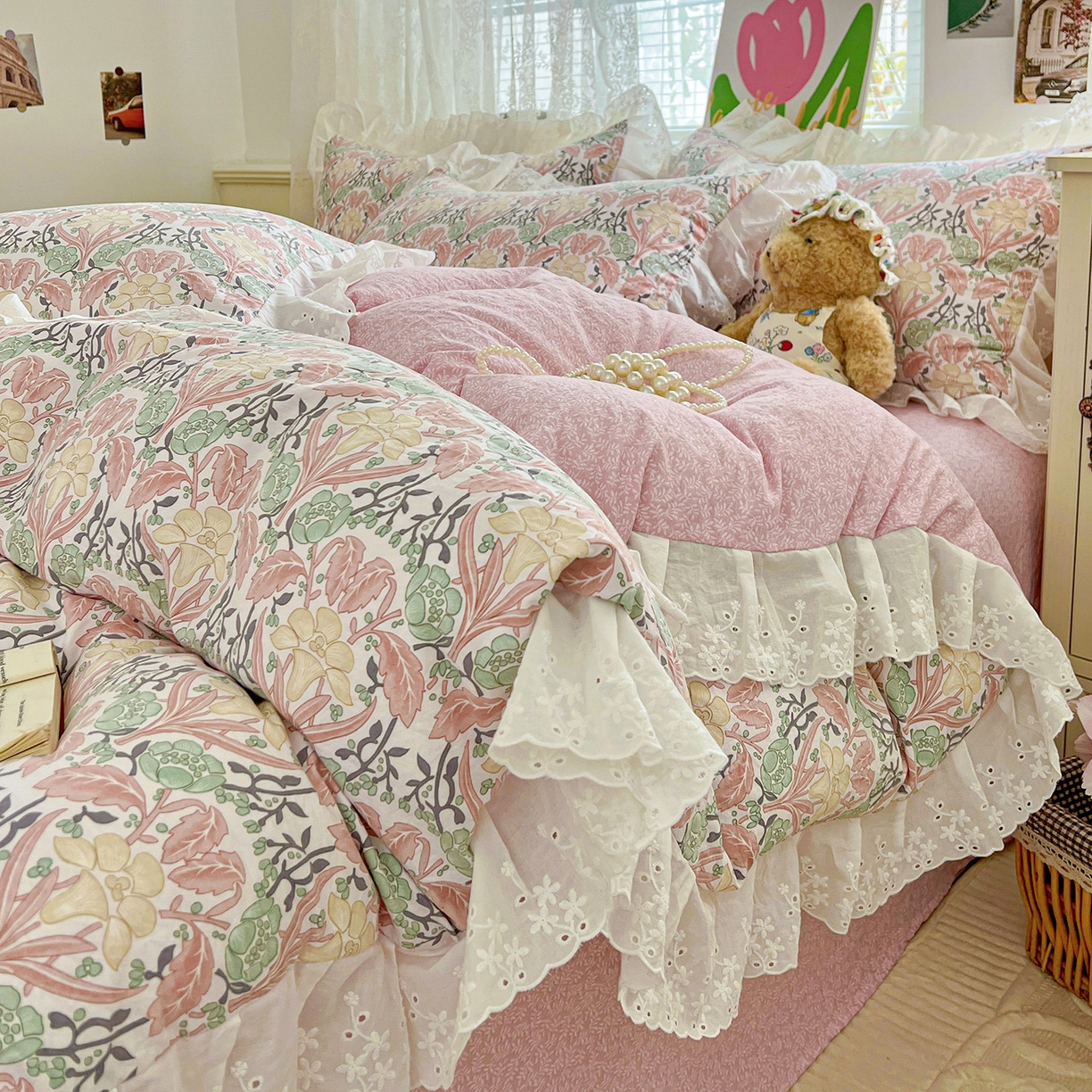 赛丽雅 2025新款花边韩版水洗珍珠棉四件套 美琳-红