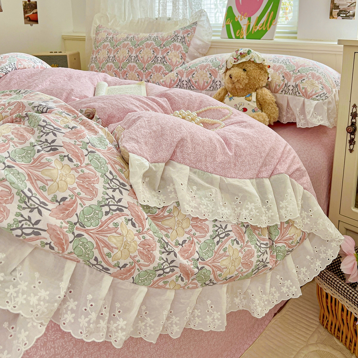 91家纺网 家纺一手货源 找家纺 赛丽雅 2025新款花边韩版水洗珍珠棉四件套 美琳-红