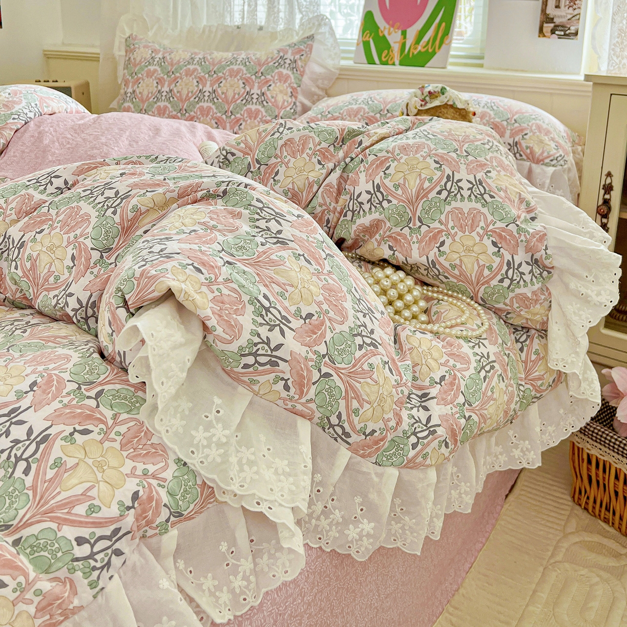 91家纺网 家纺一手货源 找家纺 赛丽雅 2025新款花边韩版水洗珍珠棉四件套 美琳-红