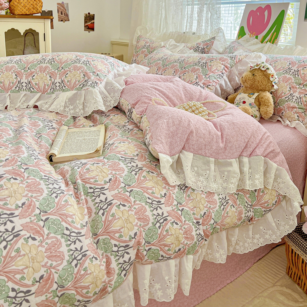 91家纺网 家纺一手货源 找家纺 赛丽雅 2025新款花边韩版水洗珍珠棉四件套 美琳-红