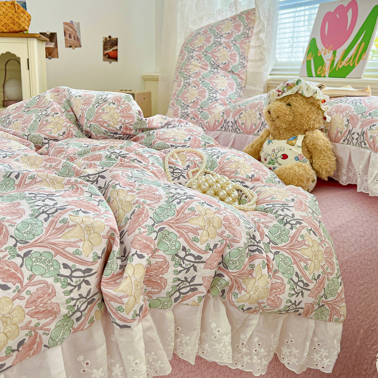 91家纺网 家纺一手货源 找家纺 赛丽雅 2025新款花边韩版水洗珍珠棉四件套 美琳-红