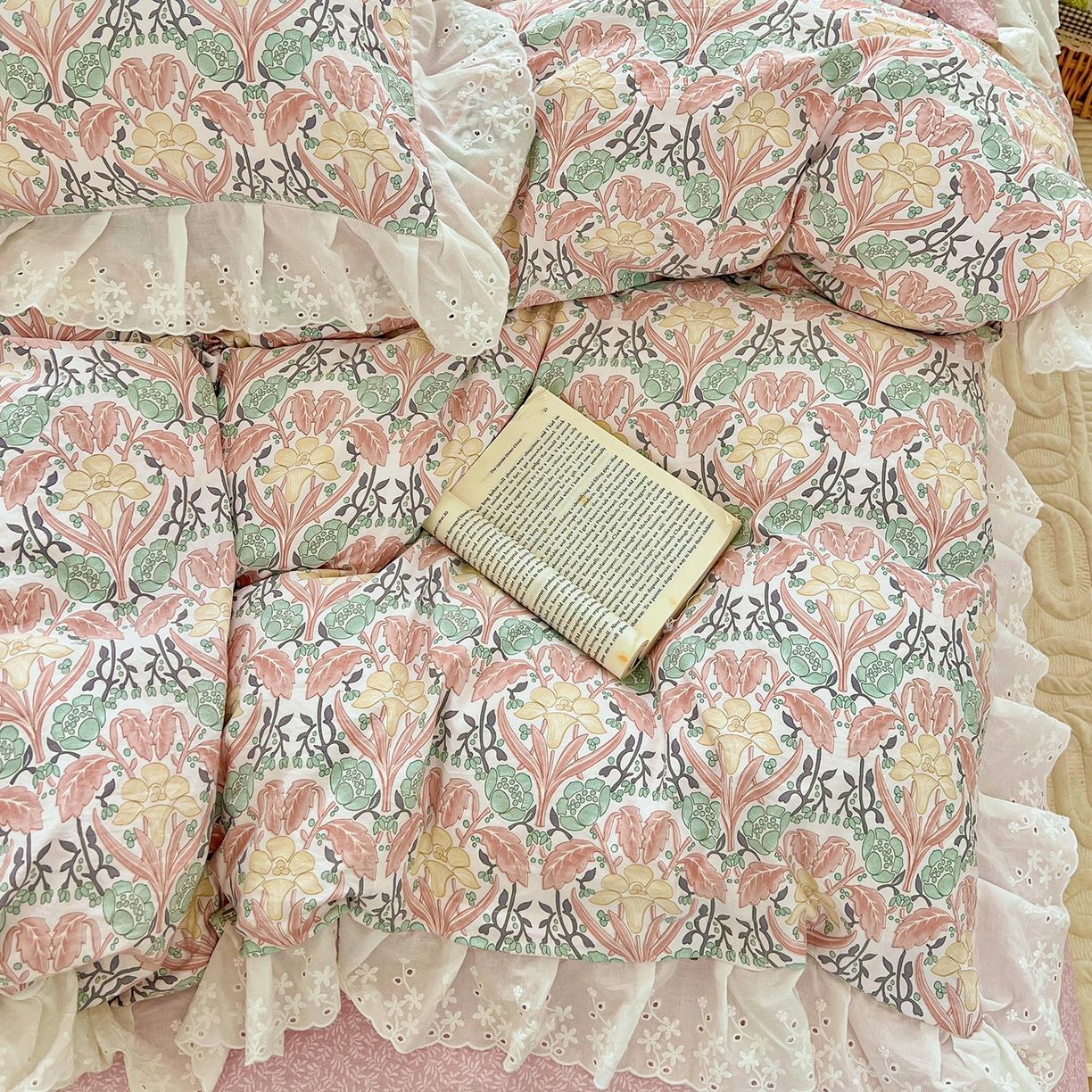 91家纺网 家纺一手货源 找家纺 赛丽雅 2025新款花边韩版水洗珍珠棉四件套 美琳-红