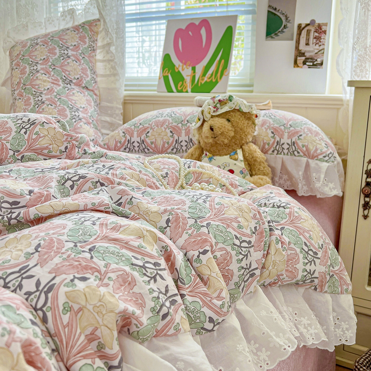 91家纺网 家纺一手货源 找家纺 赛丽雅 2025新款花边韩版水洗珍珠棉四件套 美琳-红