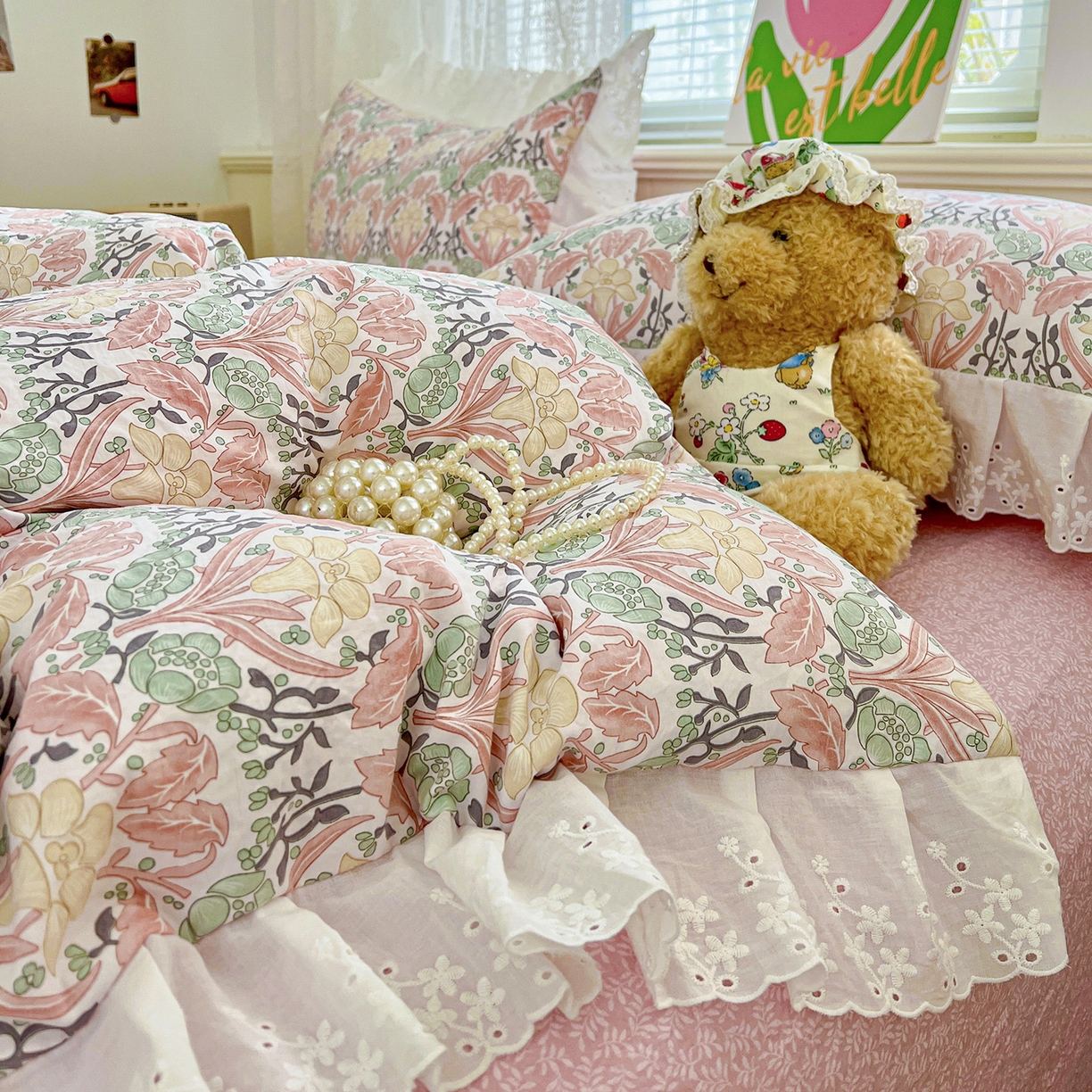 91家纺网 家纺一手货源 找家纺 赛丽雅 2025新款花边韩版水洗珍珠棉四件套 美琳-红