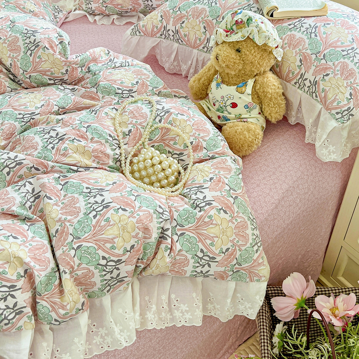 91家纺网 家纺一手货源 找家纺 赛丽雅 2025新款花边韩版水洗珍珠棉四件套 美琳-红