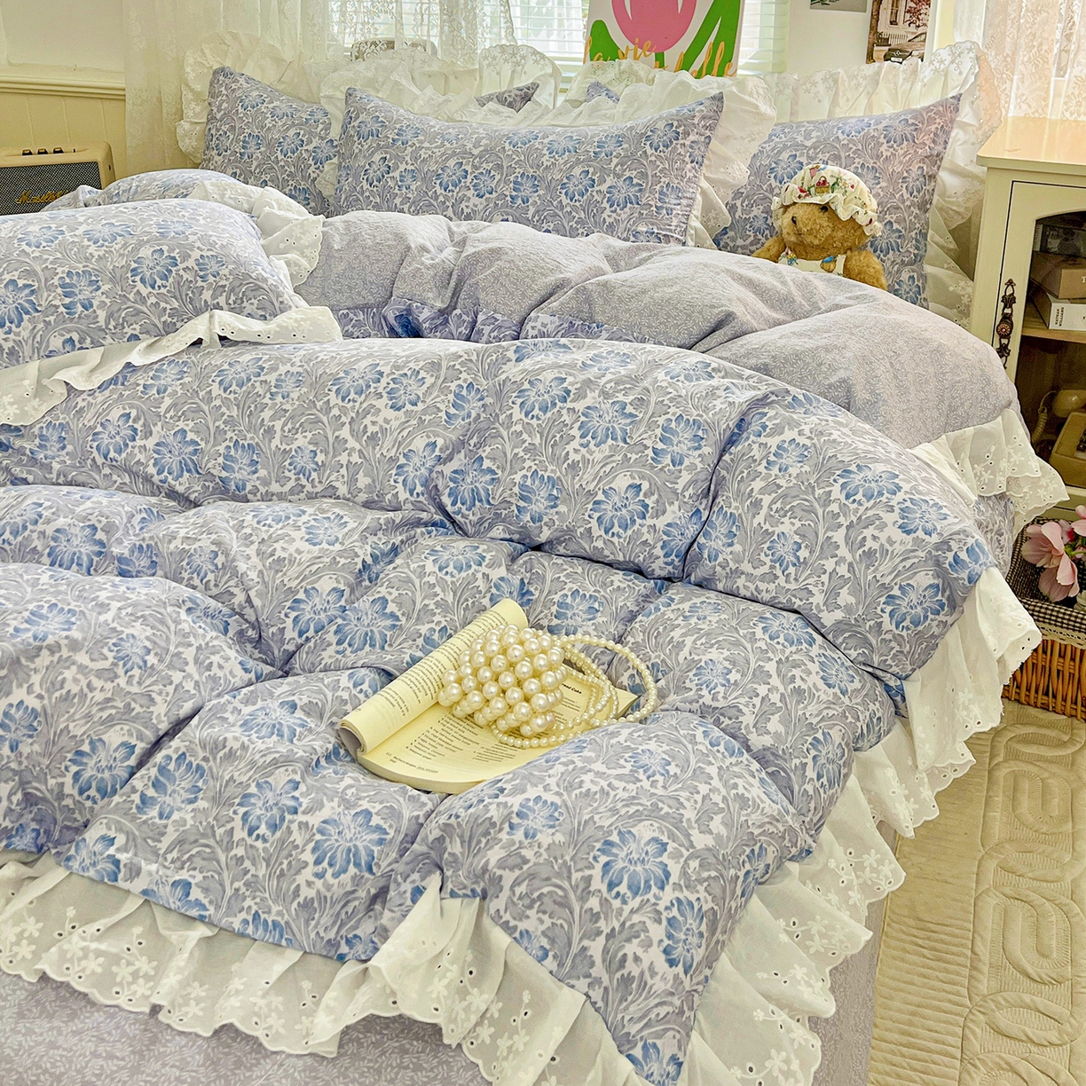 91家纺网 家纺一手货源 找家纺 赛丽雅 2025新款花边韩版水洗珍珠棉四件套 薇拉-蓝
