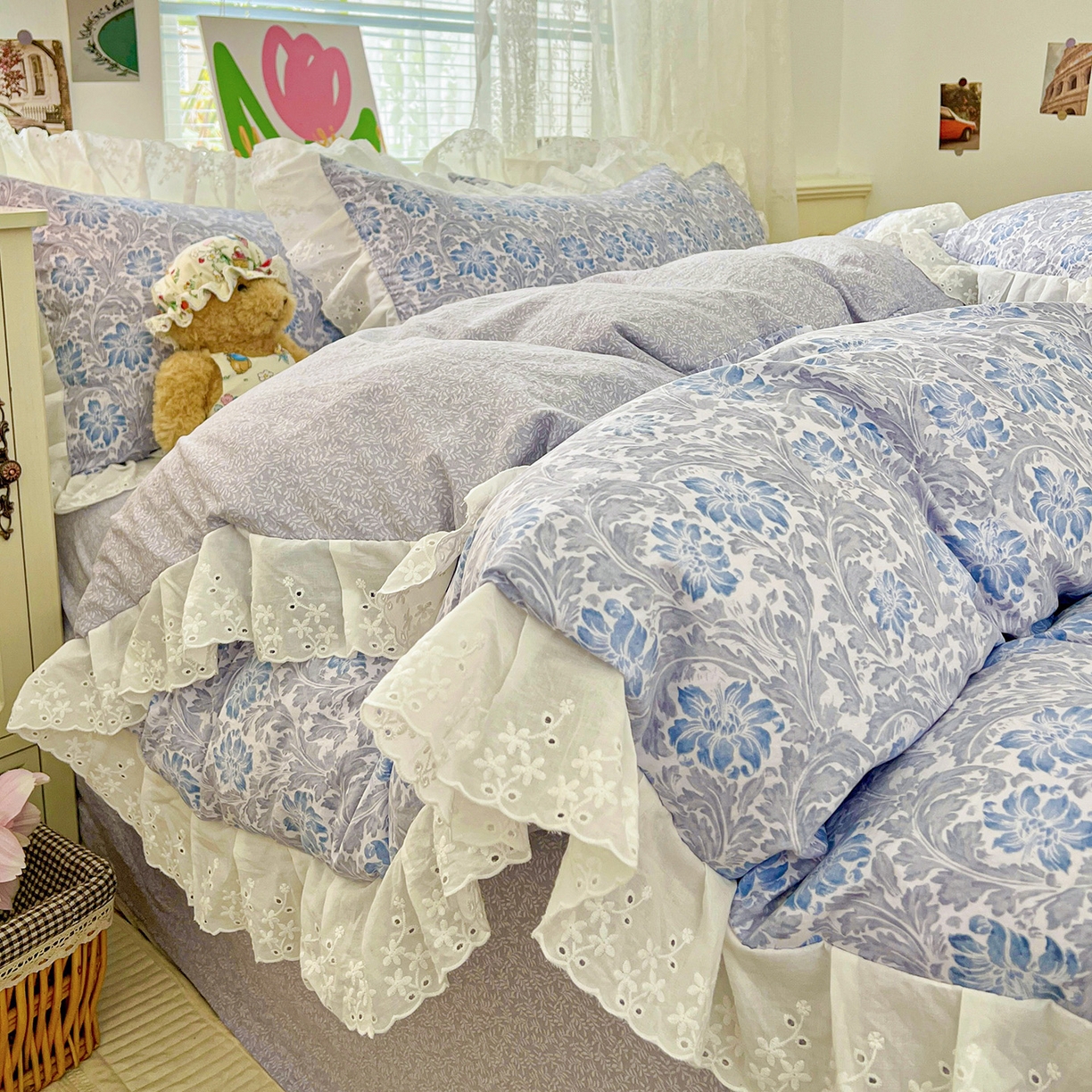 91家纺网 家纺一手货源 找家纺 赛丽雅 2025新款花边韩版水洗珍珠棉四件套 薇拉-蓝