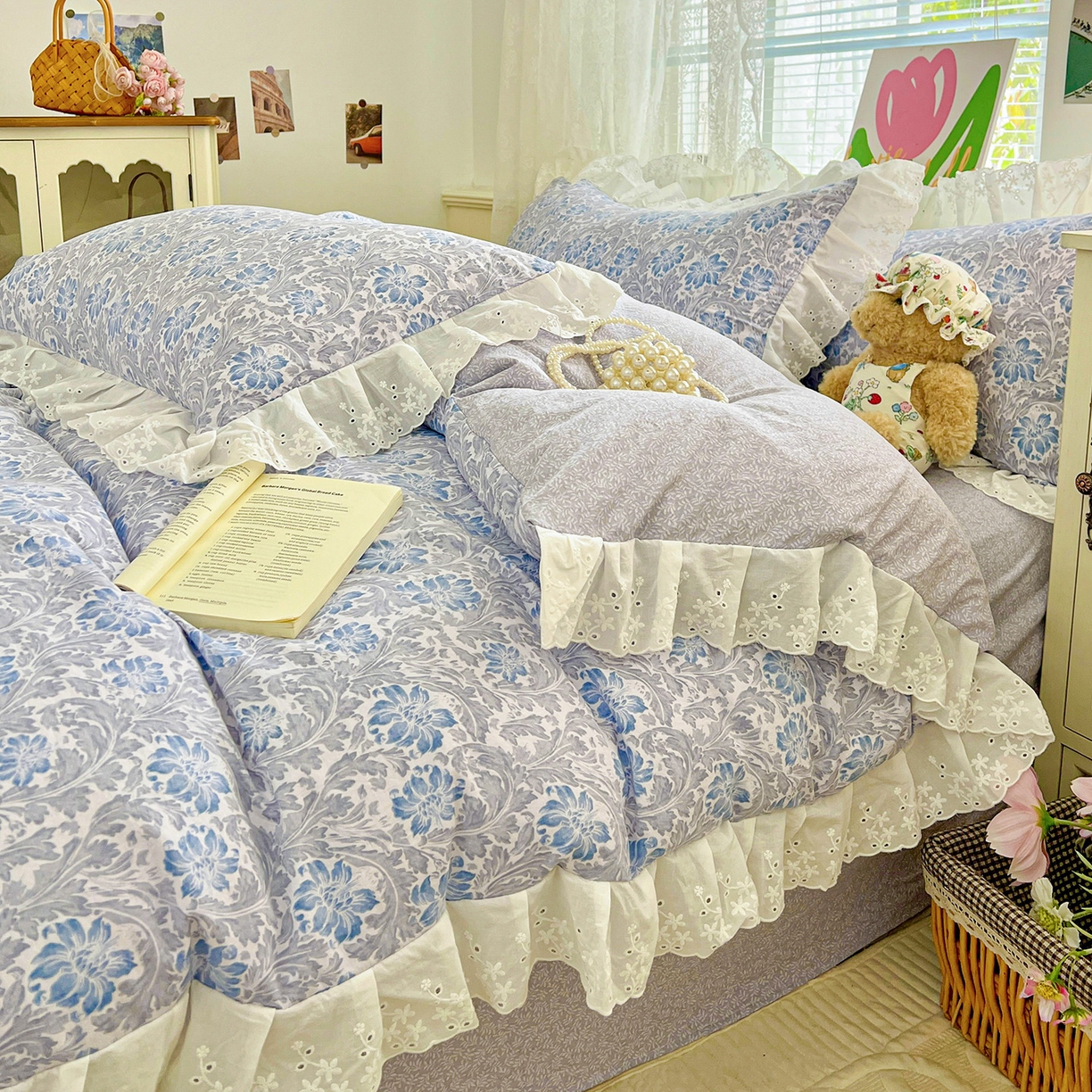 91家纺网 家纺一手货源 找家纺 赛丽雅 2025新款花边韩版水洗珍珠棉四件套 薇拉-蓝