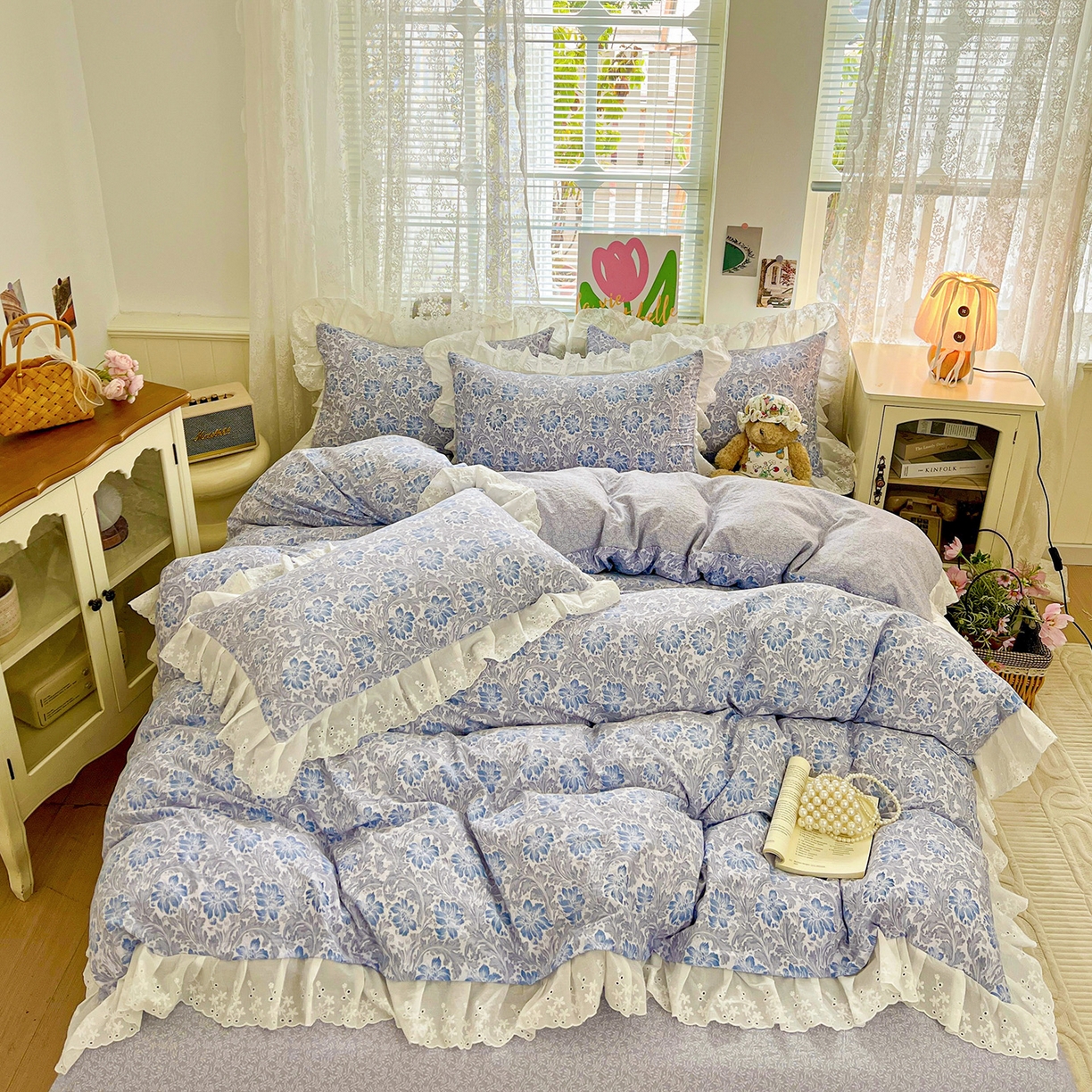 91家纺网 家纺一手货源 找家纺 赛丽雅 2025新款花边韩版水洗珍珠棉四件套 薇拉-蓝