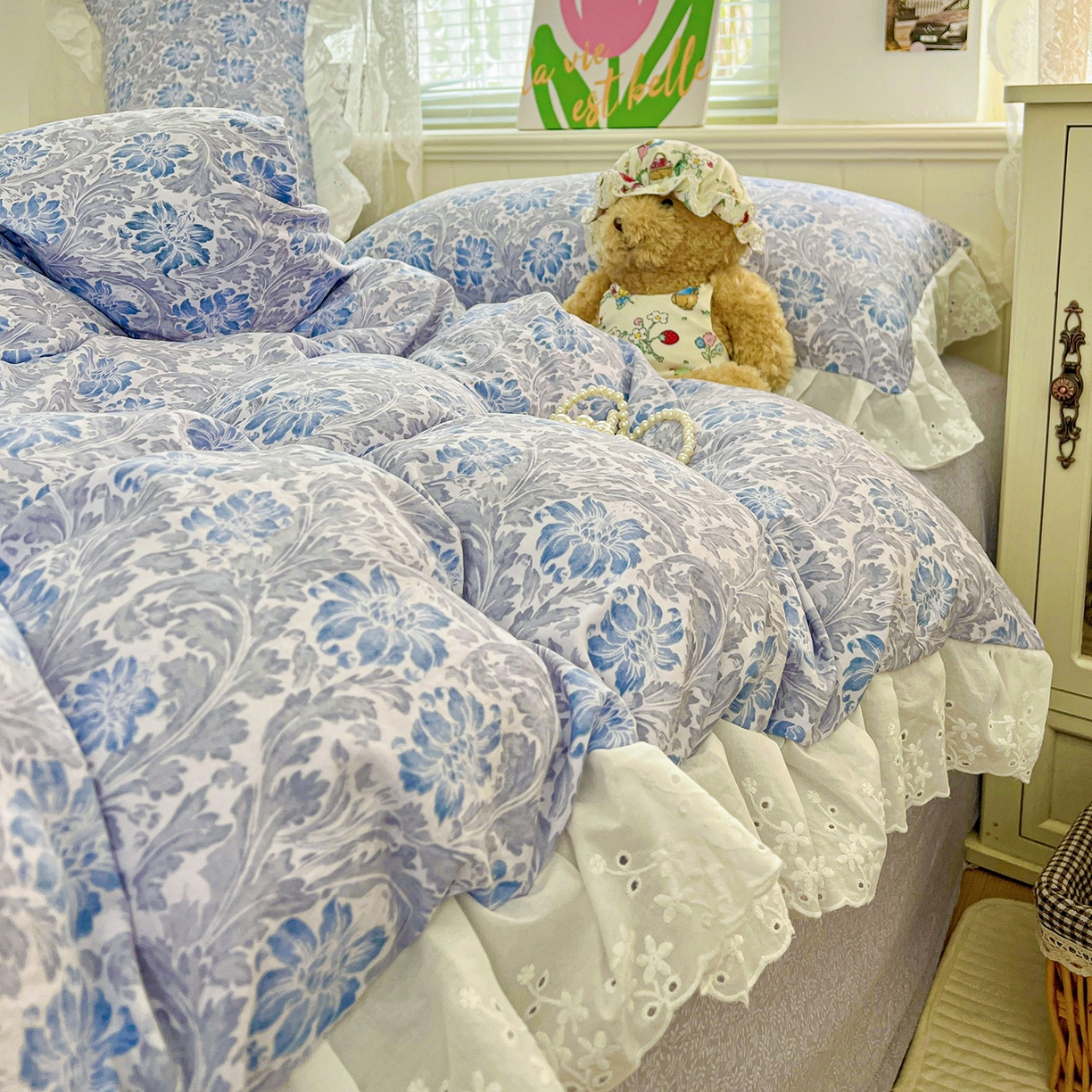 91家纺网 家纺一手货源 找家纺 赛丽雅 2025新款花边韩版水洗珍珠棉四件套 薇拉-蓝