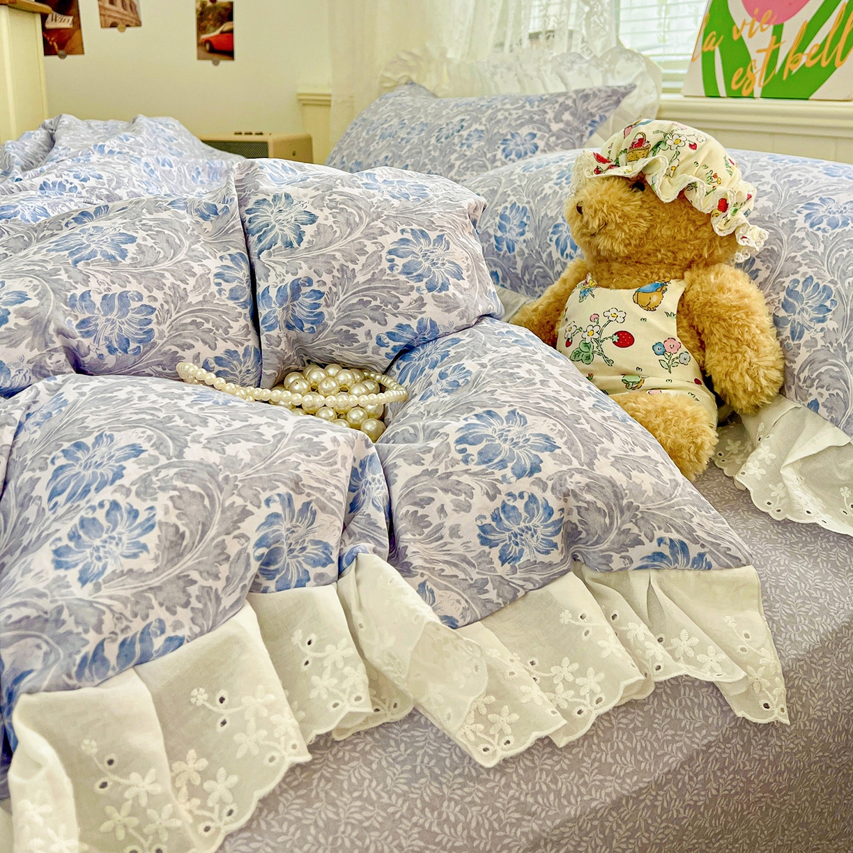 91家纺网 家纺一手货源 找家纺 赛丽雅 2025新款花边韩版水洗珍珠棉四件套 薇拉-蓝