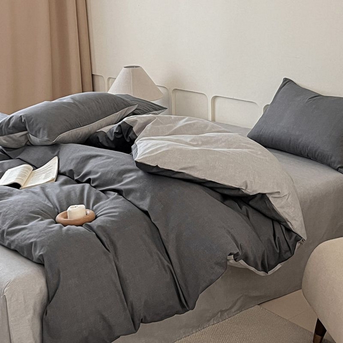 91家纺网 家纺一手货源 找家纺 涵宸家纺 2025新款全棉简约款四件套 云纹-深浅灰